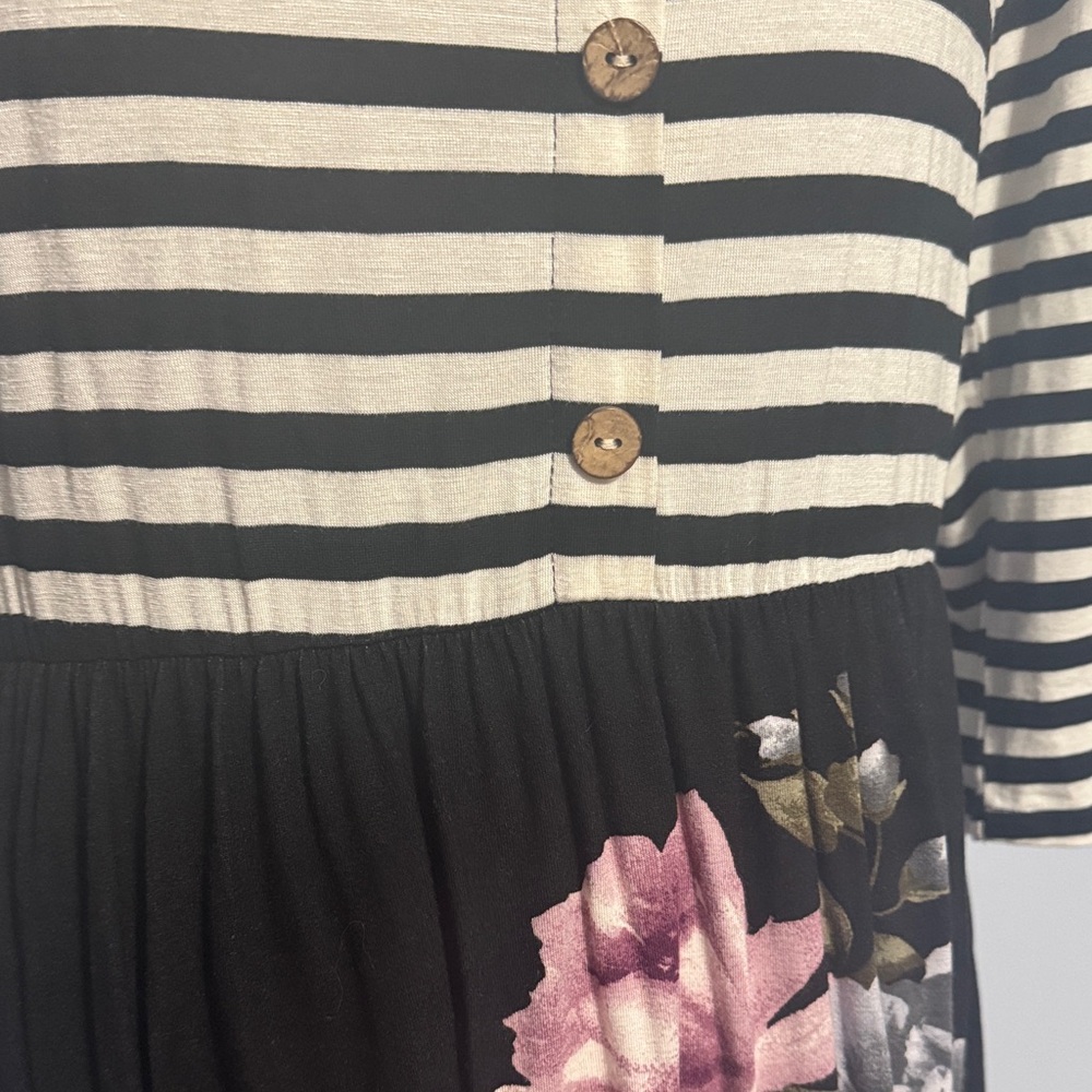ODDY Black & White Striped Bodice Floral Midi Dress - Picture 2 of 4